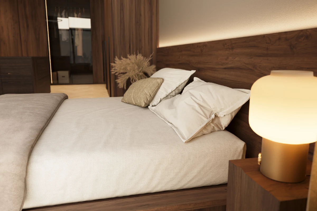 Vooraanzicht van het lage houten design bed