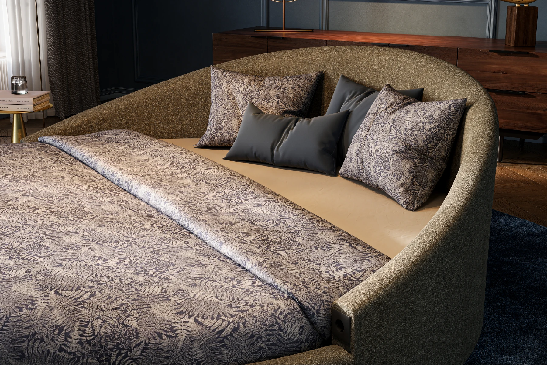 Detail hoofdbord rond bed Pampus