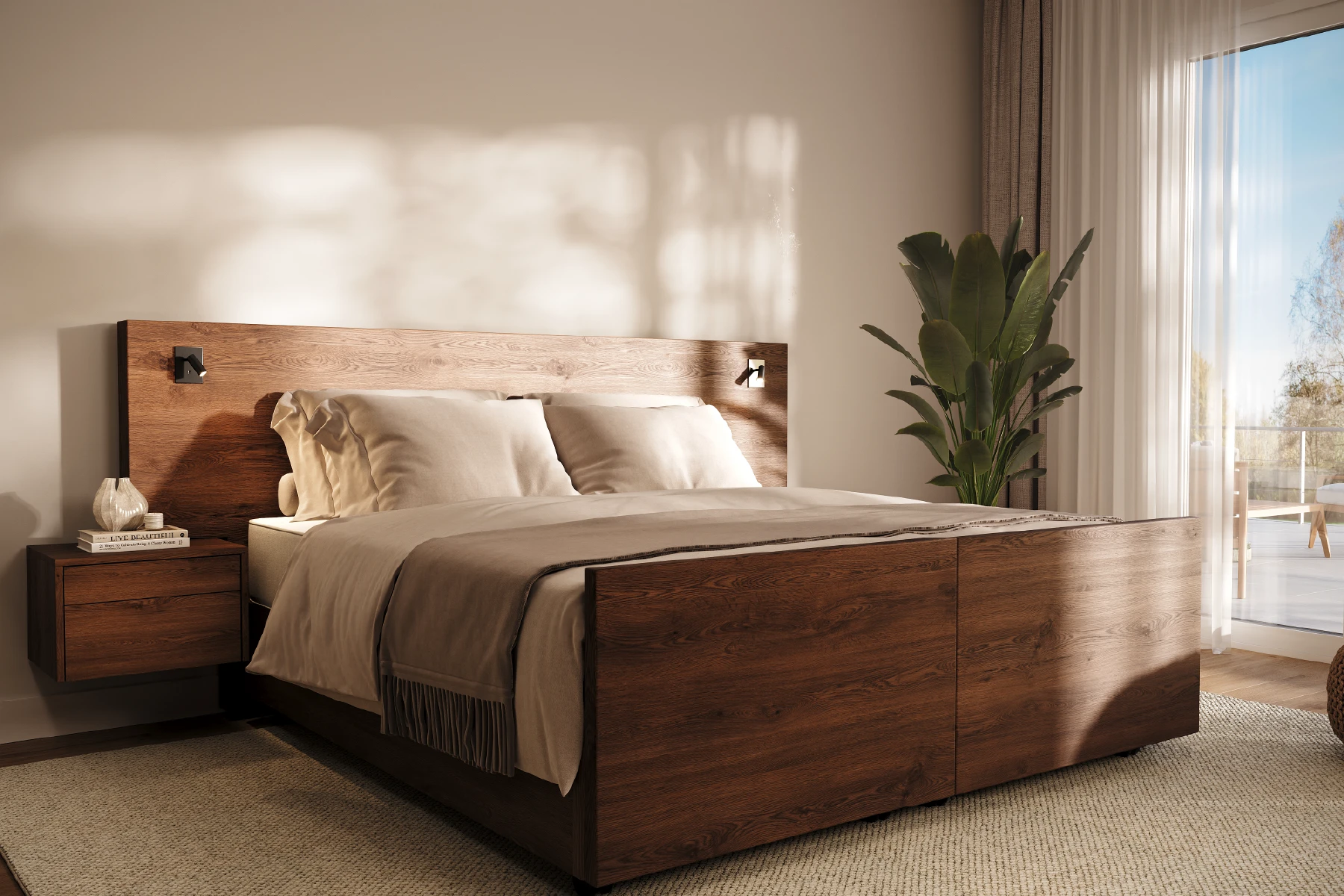 Deelbaar houten bed met voetpaneel