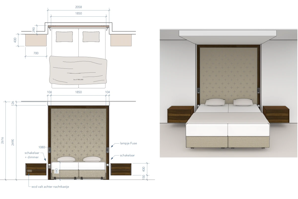 Tekening van bed in luxe slaapkamer