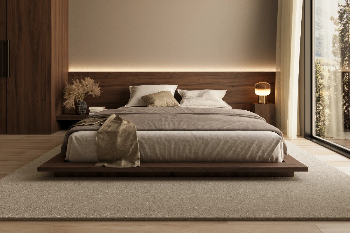 Houten design bed met warme uitstraling