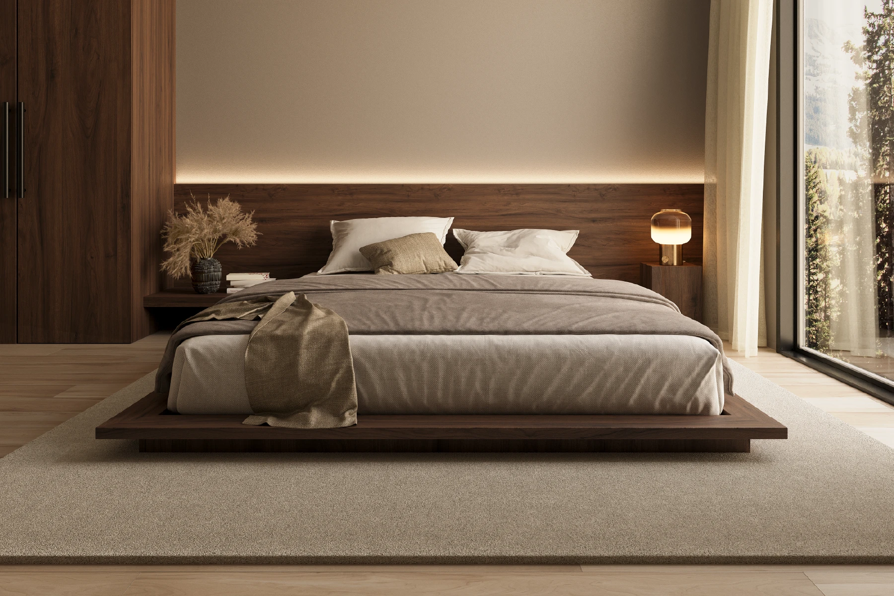 laag houten design bed met zwevend effect