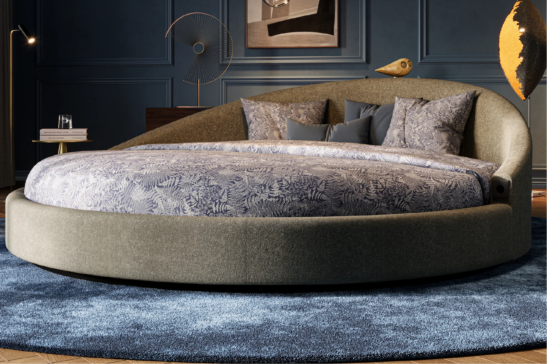 Rond bed Pampus in grijze stoffering