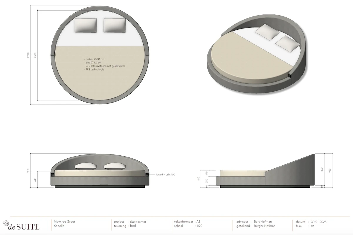 tekening van rond bed met bovenaanzicht