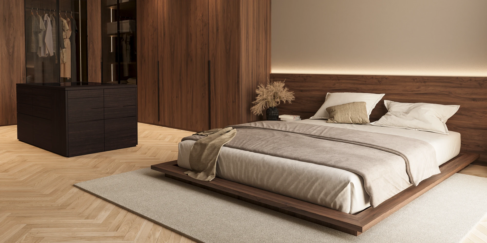 Vooraanzicht van het lage houten design bed in noten