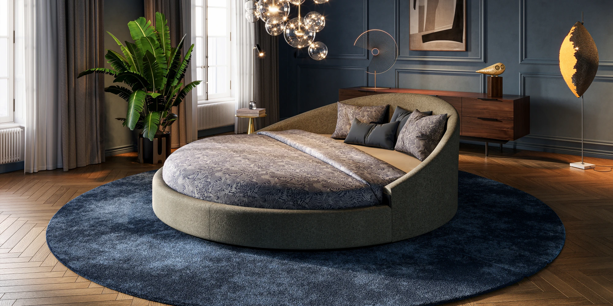 Overzicht slaapkamer met rond bed Pampus