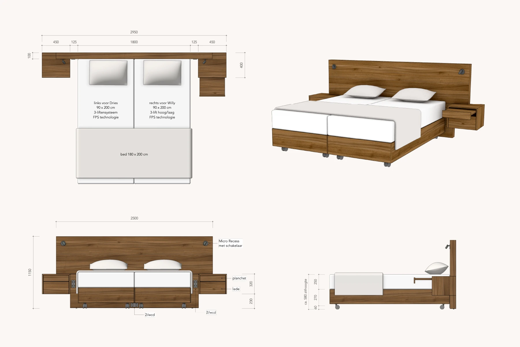 Tekening van het hoog-laag bed met houten hoofdpaneel