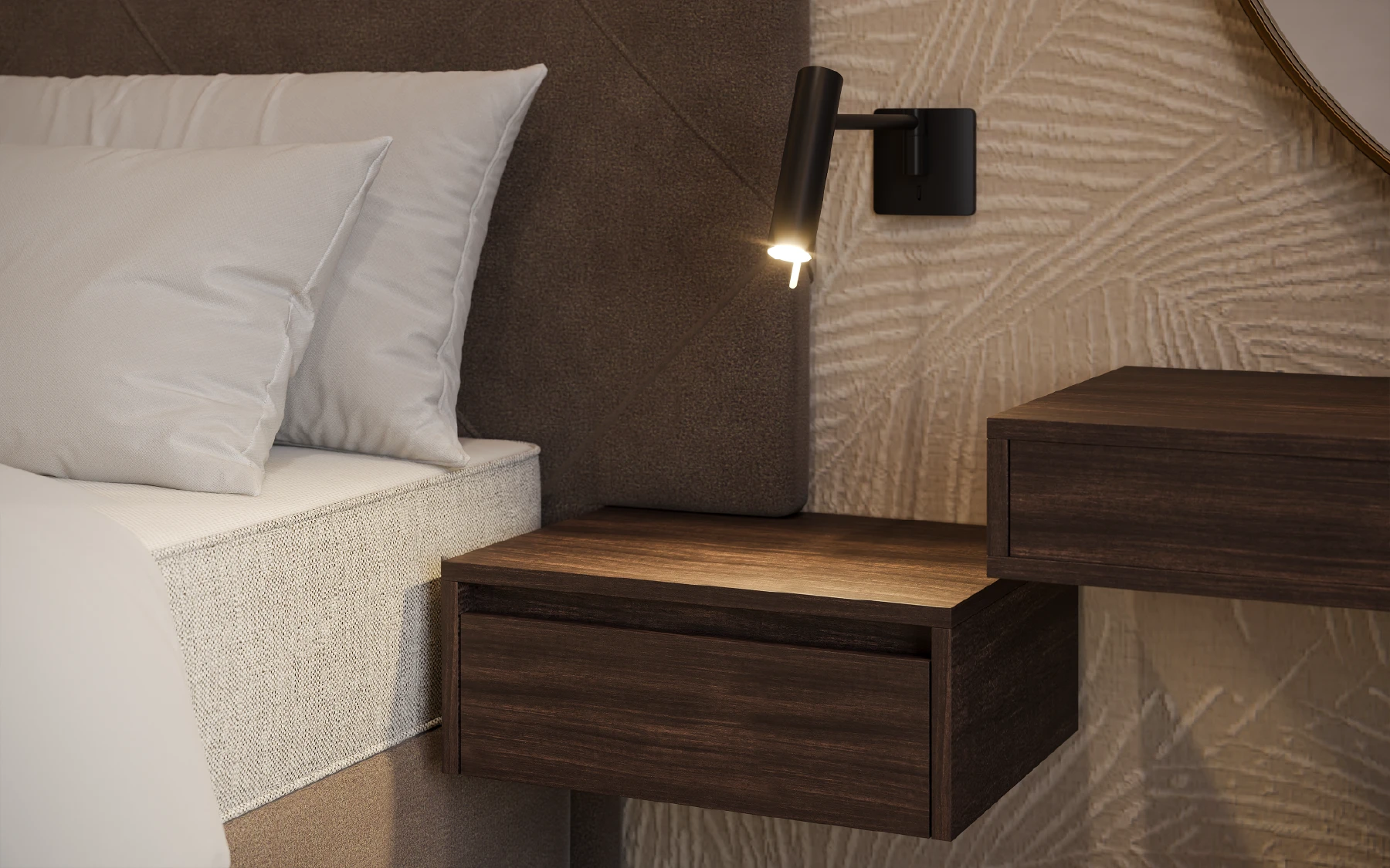 zwevend nachtkastje bij hoofdpaneel Finotôre
