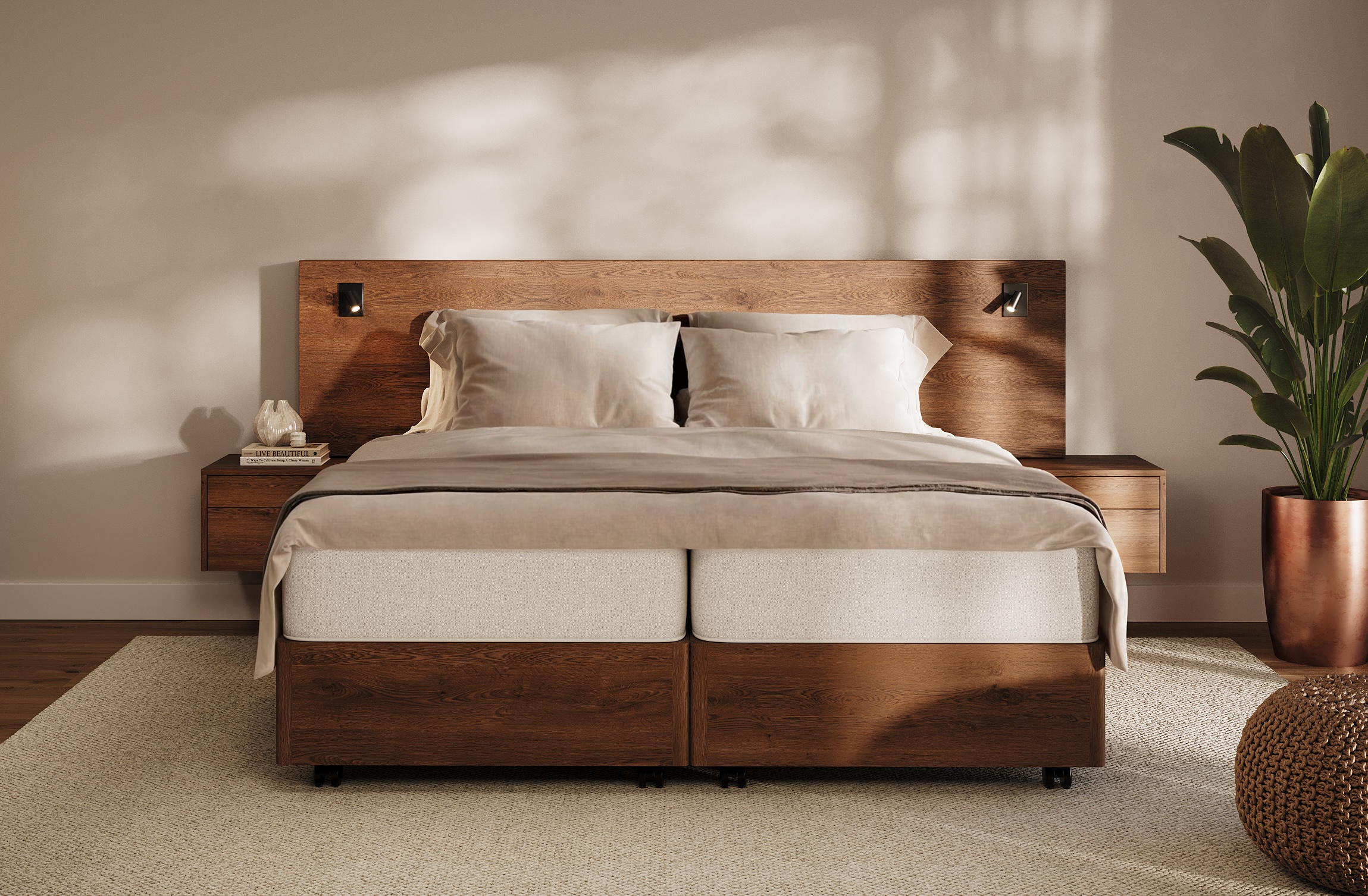 Dit is ons deelbare bed in Manifesto model, volledig uitgevoerd in het hout. Dit tweepersoonsbed is deelbaar, waardoor u goed kunt schoonmaken onder en rondom uw bed. Ook het verschonen van uw bed wordt vereenvoudigd door de deelbaarheid en de wielen onder het bed.