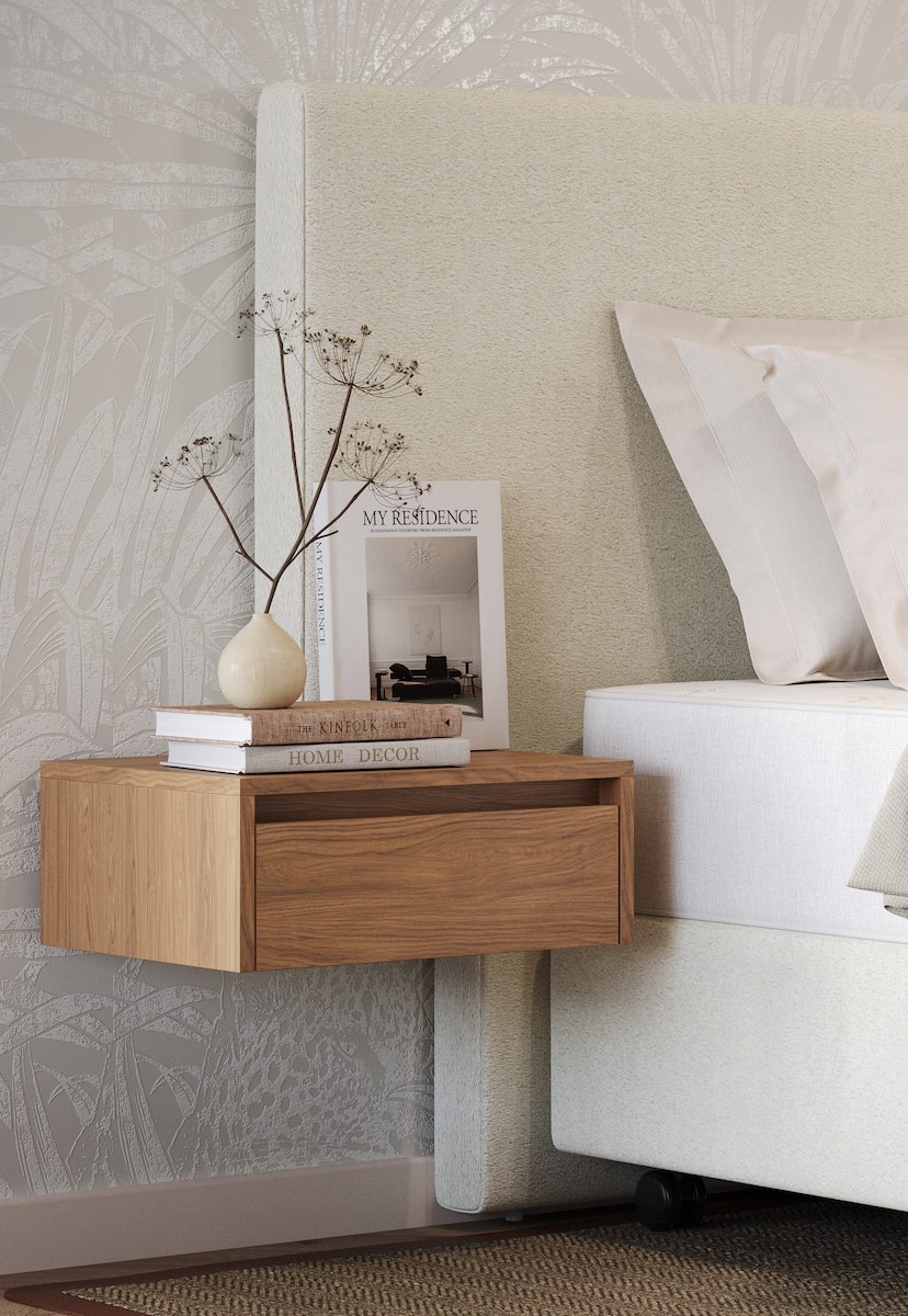 Detail van zwevend nachtkastje bij deelbaar bed Manifesto