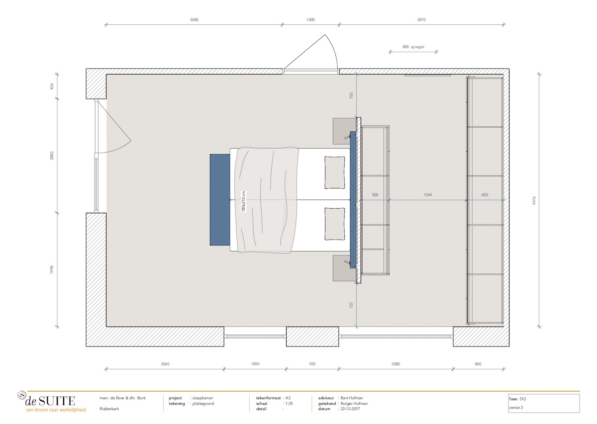 Slaapkamer met inloopkast achter het bed – detail van maatwerk en indeling