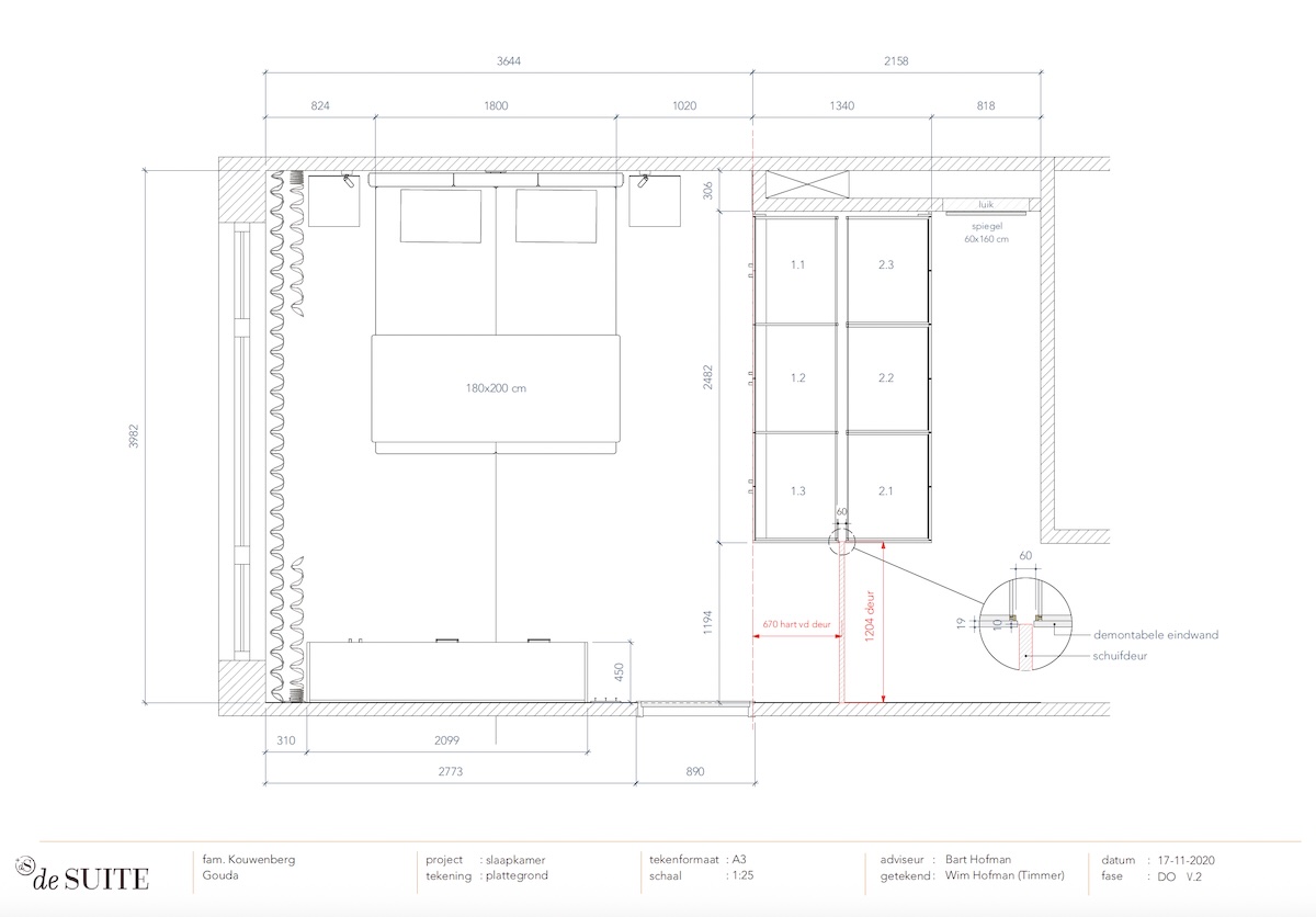 Plattegrond van slaapkamer met kastwand en boxspring