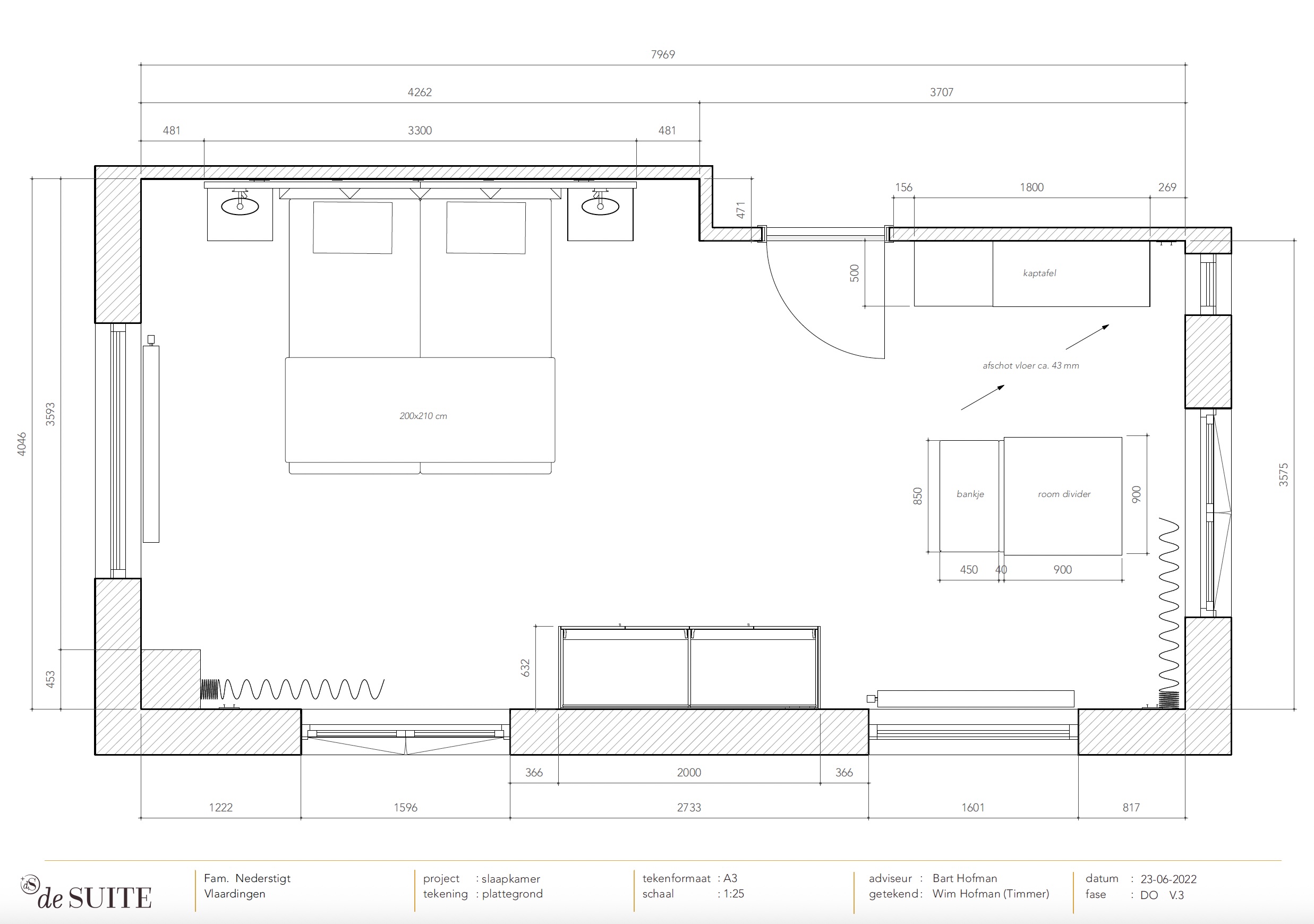 Plattegrond van slaapkamer met inloopgedeelte en dressingtable
