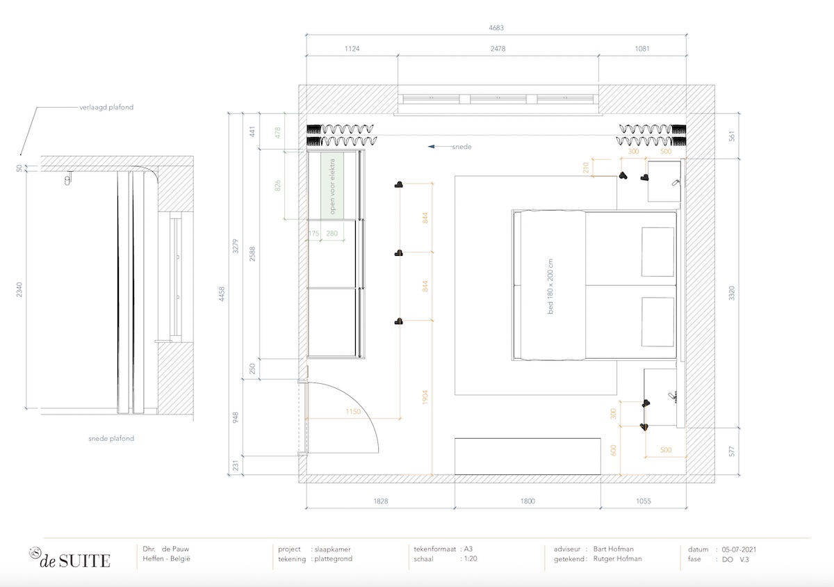 Plattegrond van moderne slaapkamer met schuifdeurkast en ladekast