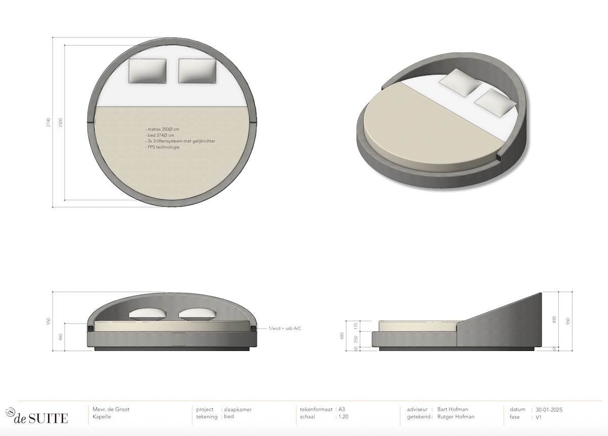 tekening van rond bed met bovenaanzicht